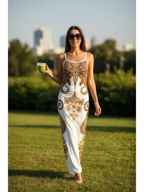Boho Paisley Maxi Womens (M) Bodycon Spaghetti Strap Resort Summer Dress